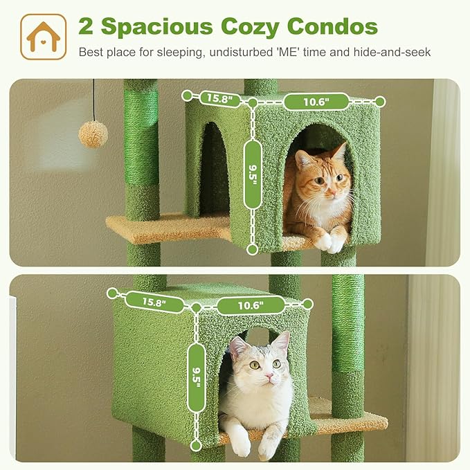 Cactus Cat Tree for Indoor Cats, 62" Multi-Level Cat Tower with 2 Spacious Condos, Scratching Pad, 4 Cat Scratching Posts, 2 Top Perches, 2 Pompoms, Green