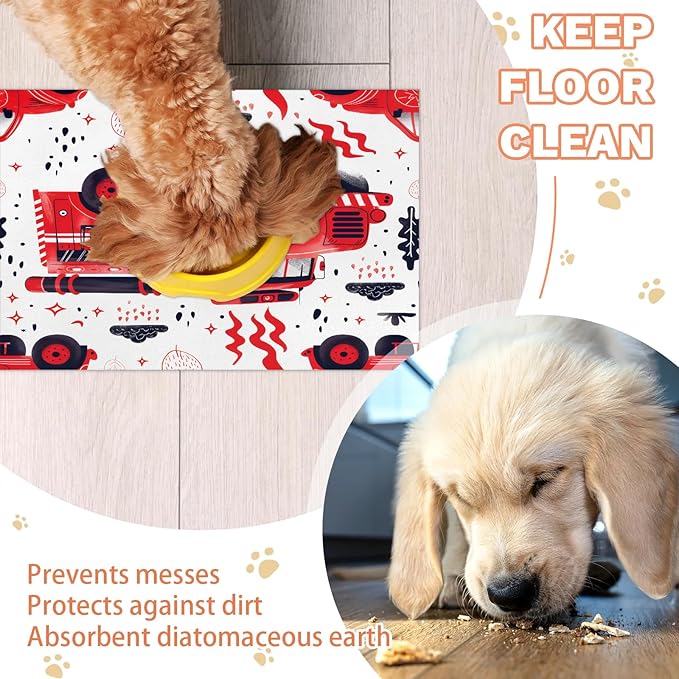 Red Truck Dog Food Mat for Floors Absorbent, Quick Dry Water Dispenser Mat for Food, Water, Pet Supplies 16" x 24", Car Vehicle