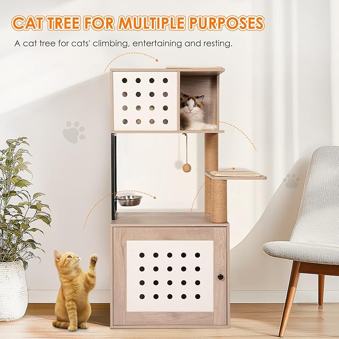 Cat Tree & Litter Box Enclosure,Modern All-in-one Indoor Cats Tower with Large Platform, Cat Condo with Wood House, Food Station, Hammocks (21.7”)