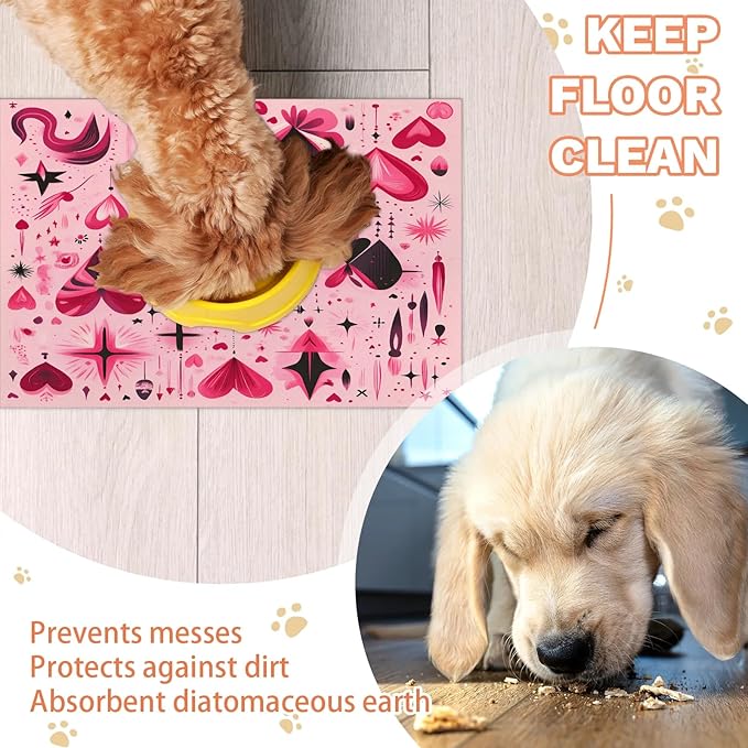 Valentine Dog Food Mat for Floors Absorbent, Quick Dry Water Dispenser Mat for Food, Water, Pet Supplies 16" x 24", Red Black Heart
