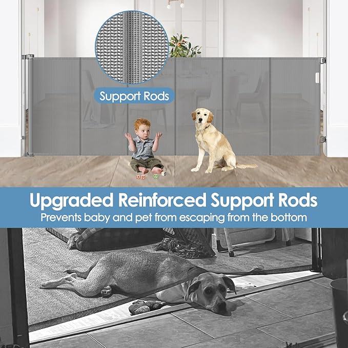 Reinforced 75” Wide Retractable Dog Gate with Support Rods, Upgrade Extra Wide Retractable Baby Gates for Doorways Long Mesh Gate for Kids and Pets Safety Child Gate for Stairs Toddler Gate (Gray)