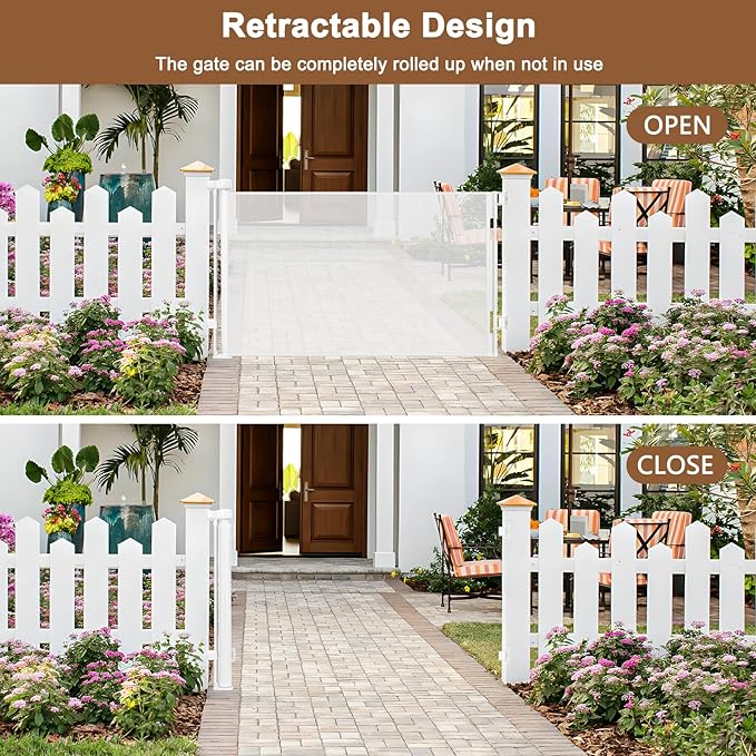 Weatherproof Outdoor Retractable Baby Gates for Decks, 55" Wide Waterproof Retractable Dog Gate with No Rust Screws and Rods, Scratch-Resistant Mesh Outdoor Baby Gate/Fence/Barrier/Screen, White
