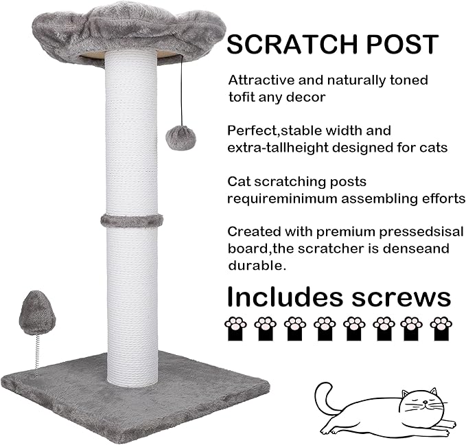Heavy Duty Cat Scratching Post 30 Inch Cotton Rope Cats Scratcher with Flower Cat Perch & Hanging Ball for Indoor Cats Tall Cat Post(Grey)