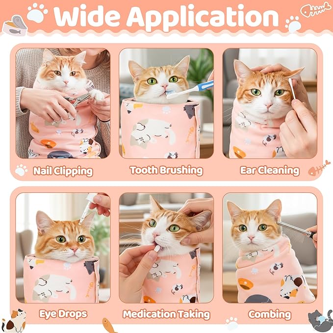 31.5" Cat Grooming Wrap - Pink Large Self-Adhesive Cat Restraint Wrap Cutting Nails Blanket Anti-Scratch Anti-Escape Multifunctional Swaddle Pet Tool for Pet Cleaning & Beauty (Within 22lbs)