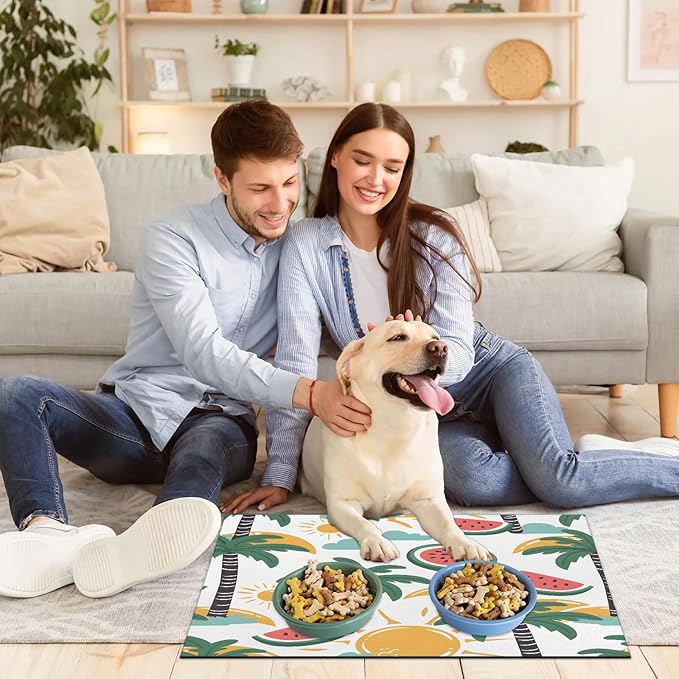 Palm Tree Dog Food Mat for Floors Absorbent, Quick Dry Water Dispenser Mat for Food, Water, Pet Supplies 12" x 20", Watermelon