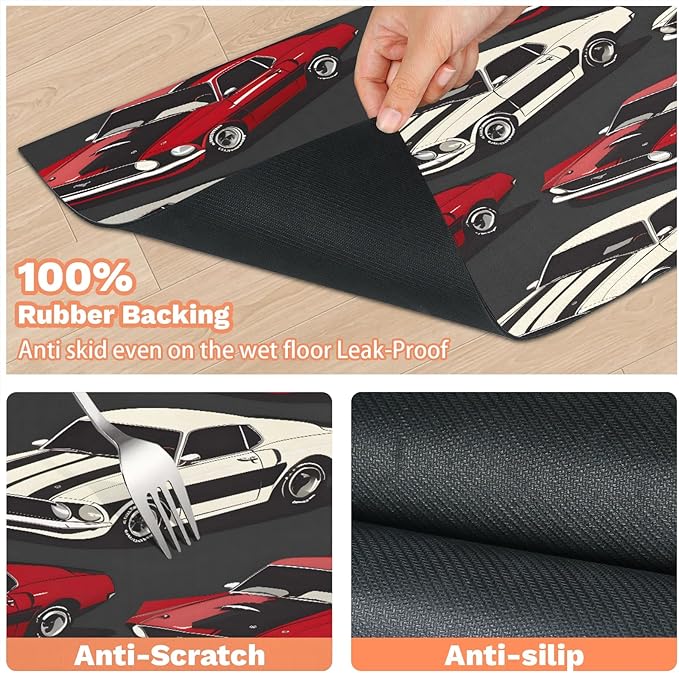 Vintage Car Dog Food Mat for Floors Absorbent, Quick Dry Water Dispenser Mat for Food, Water, Pet Supplies 17" x 30", Red White Car