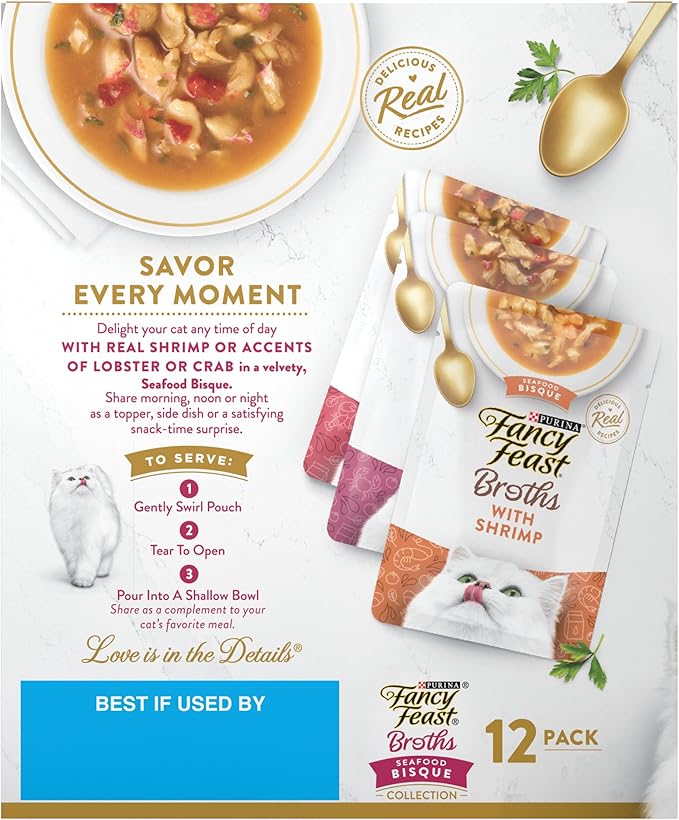 Purina Fancy Feast Broths Seafood Bisque Complement Lickable Grain Free Wet Cat Food Variety Pack - (Pack of 12) 1.4 oz. Pouches