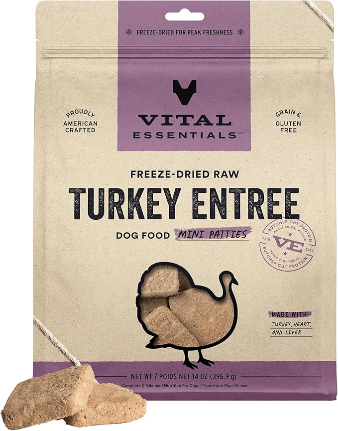 Vital Essentials Freeze Dried Dog Food, Raw Turkey Mini Patties | Complete Meal or Topper | High Protein, Grain Free Dry Dog Food | 14 oz Bag