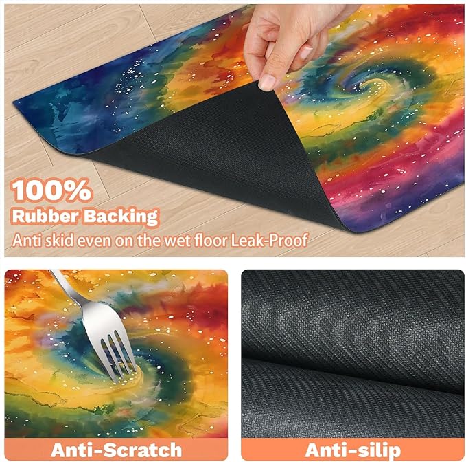 Boho Tie Dye Dog Food Mat for Floors Absorbent, Quick Dry Water Dispenser Mat for Food, Water, Pet Supplies 24" x 32", Rainbow