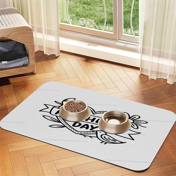 Dog Food Mats for Floors Absorbent Pet Cat Food Mat Happy Mother's Day Simple Heart Gift Mom Non Slip Dogs Bowl Mats for Water Dog Placemats Feeding Mat Pet Supplies 24x16In