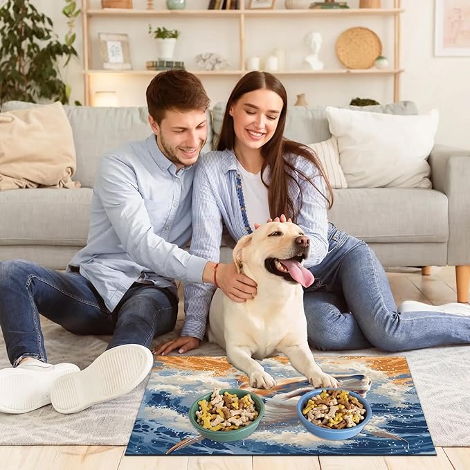 Ocean Shark Dog Food Mat for Floors Absorbent Dog Bowl Mat for Food and Water Dispenser Quick Dry Cat Food Placemat Pet Supplies 12" x 20", Coastal Nautical