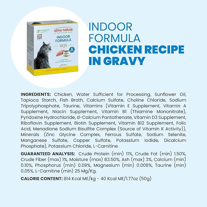 almo nature HQS Supportive Indoor Shredded HQS Chicken Formula in Gravy Wet Cat Food, 1.77-oz can, case of 6