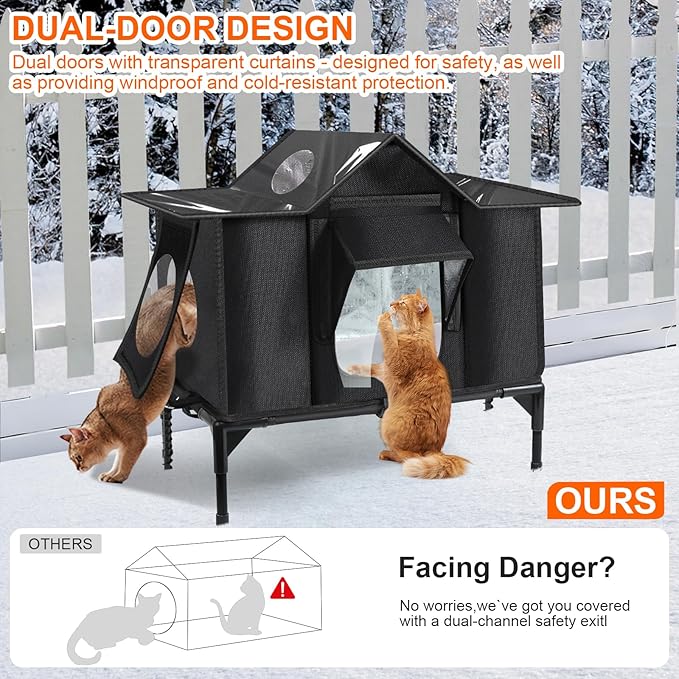 Outdoor Cat House, Weatherproof Insulated Feral Cat Houses for Outdoor Cats, Safe Escape Door, Cat House for Outside, Out Door Stray Cat Shelter with Elevated Base, Cat Houses & Condos(Large)