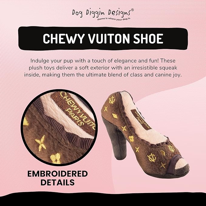 Dog Diggin Designs Chewy Vuiton Squeaky Plush Dog Shoe Toy | Luxury-Inspired Parody Designer Heel with Squeaker, Soft Plush Fashion Dog Toy – High Heel Essentials