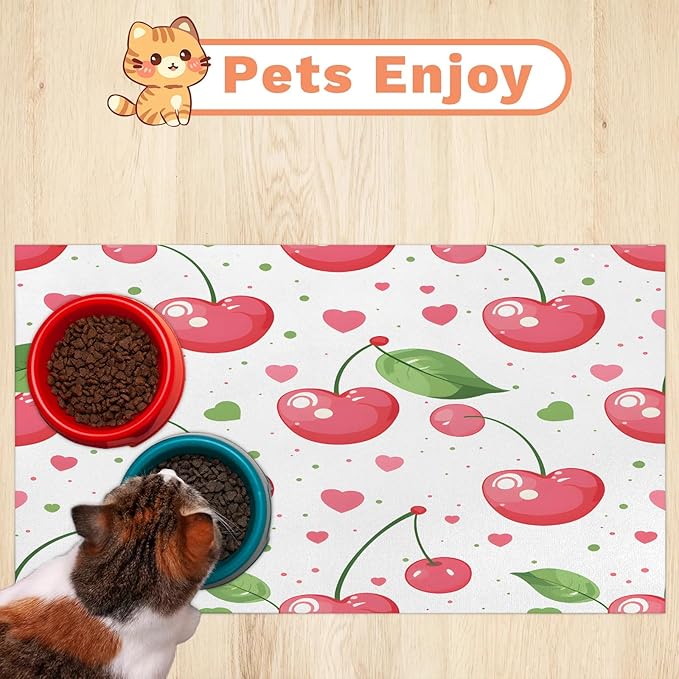 Pink Cherry Dog Food Mat for Floors Absorbent Dog Bowl Mat for Food and Water Dispenser Quick Dry Cat Food Placemat Pet Supplies 12" x 20", Polka Dot Sweethearts Love