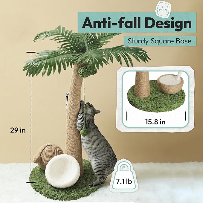 Cat Scratching Post 33 Inch Palm Tree with Hanging Balls and Double Coconut Toys, Cat Scratcher for Indoor Kittens, Extra Stable Base, Paw-Friendly Jute Material M