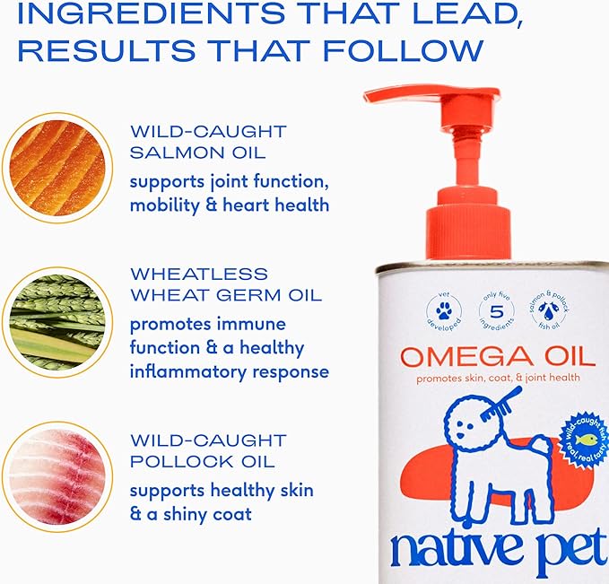 Native Pet Omega 3 Fish Oil for Dogs & Cats - Promotes Healthy Skin, Shiny Coat, & Strong Joints - Made with Wild Alaskan Salmon Oil for Dogs – Tasty, Fast-Absorbing Omega 3 6 9 Liquid Supplement-16oz