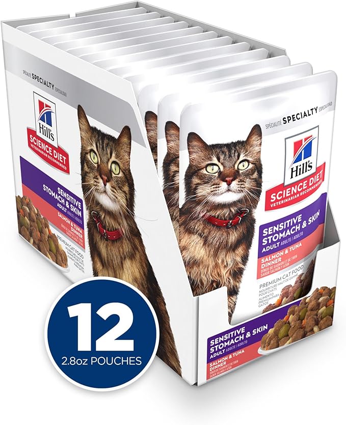 Hill's Science Diet Sensitive Stomach & Skin, Adult 1-6, Stomach & Skin Sensitivity Support, Wet Cat Food, Salmon & Tuna Stew, 2.8 oz Pouch, Case of 24