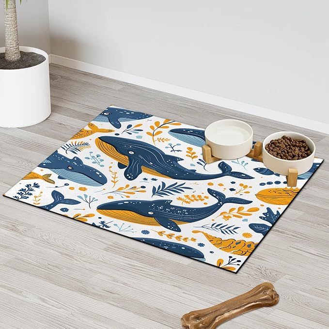 Dolphin Dog Food Mat for Floors Absorbent Dog Bowl Mat for Food and Water Dispenser Quick Dry Cat Food Placemat Pet Supplies 16" x 24", Ocean Animal