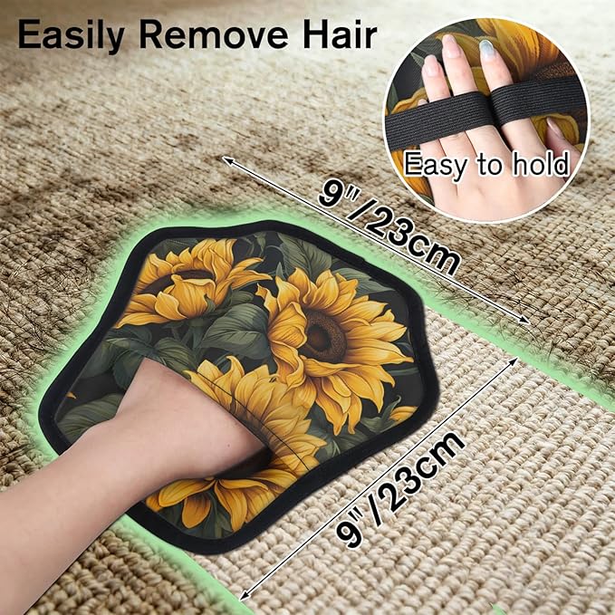 Reusable Pet Hair Removal Glove Beautiful Sunflower Theme Magic Brush for Cat & Dog Hair Remover for Car, Sofa, Bedding, Clothes - 9x9 Mitt Washable