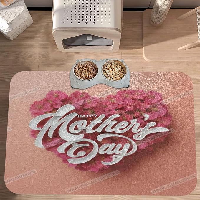 Dog Food Mat for Floors Absorbent Quick Drying Happy Mother's Day Heart Floral Gift for Mom Fu Pet Cat Food Mat Easy-to-Clean Pet Feeding Mats Dog Bowl Mats 18X12In
