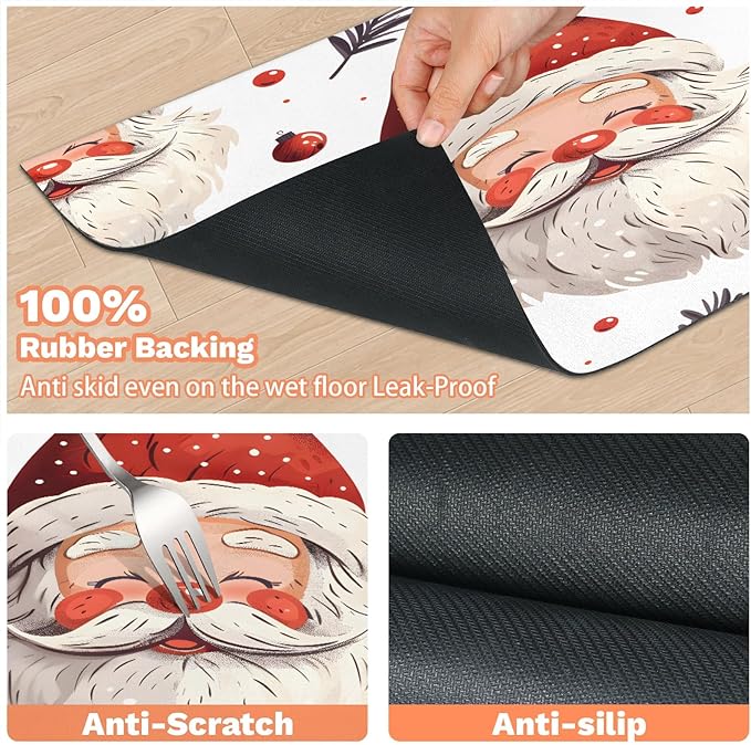 Santa Claus Dog Food Mat for Floors Absorbent, Quick Dry Water Dispenser Mat for Food, Water, Pet Supplies 12" x 20", Christmas Ball