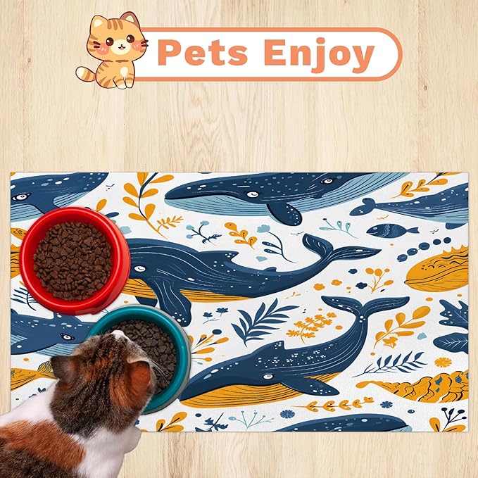 Dolphin Dog Food Mat for Floors Absorbent Dog Bowl Mat for Food and Water Dispenser Quick Dry Cat Food Placemat Pet Supplies 16" x 24", Ocean Animal