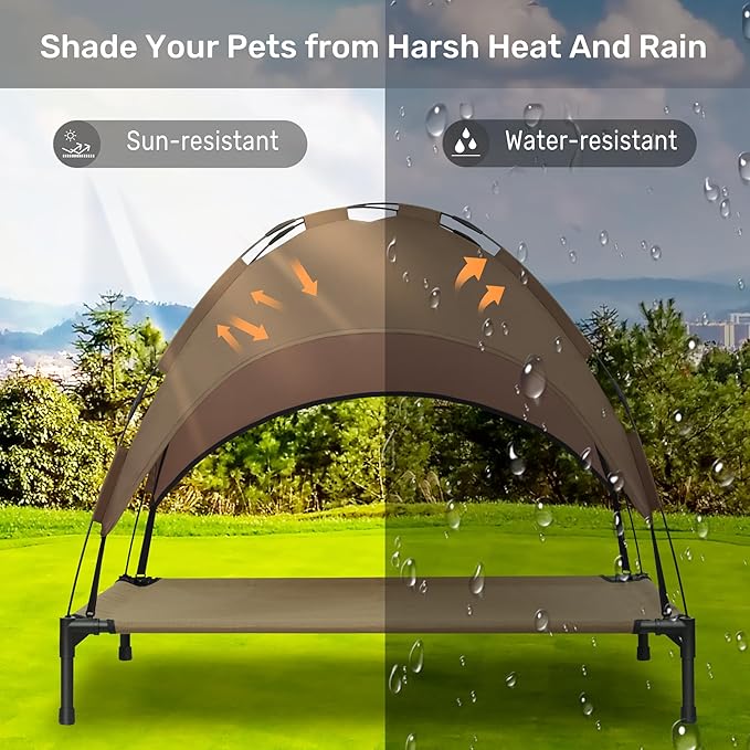 Heeyoo Elevated Dog Bed with Canopy, Portable Dog Cot with Removable Shade Tent, Outdoor Raised Pet Cot Cooling Bed for Dogs