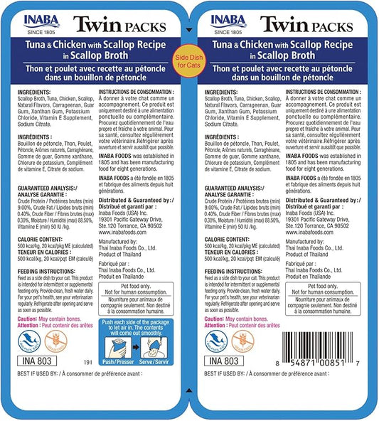 INABA Twin Packs for Cats, Shredded Chicken & Broth Gelée Side Dish/Topper Pouch, 1.4 Ounces per Serving, 16 Servings, Tuna & Chicken with Scallop Recipe in Scallop Broth