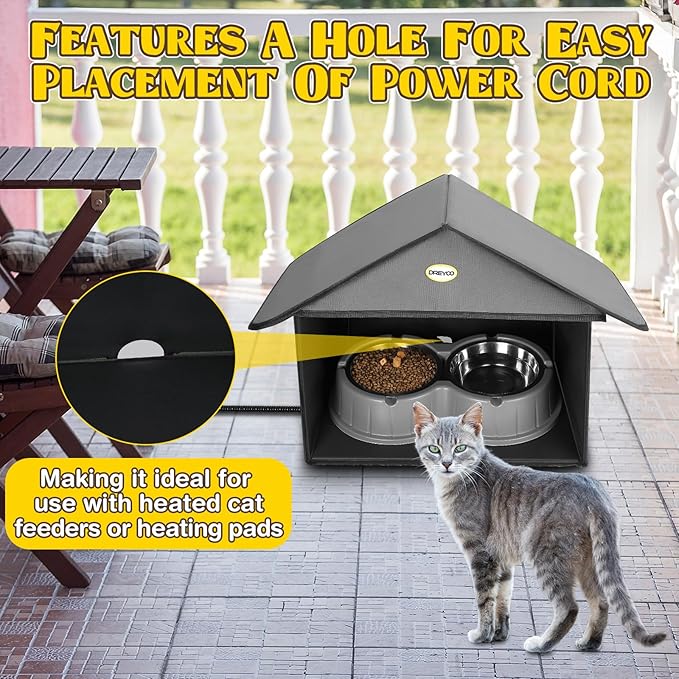 Dreyoo Outdoor Cat Feeding Station for Food & Water, Weatherproof Outdoor Kitty Dining Room Cat Shelter for Stray, Feral Cats and Community Cats, 13”d x 17”w x 15.5'h(2 Pack,Dark Grey)