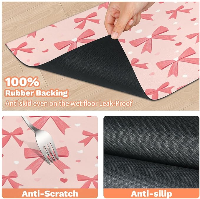 Pink Bow Dog Food Mat for Floors Absorbent, Quick Dry Water Dispenser Mat for Food, Water, Pet Supplies 17" x 30", Bowknot