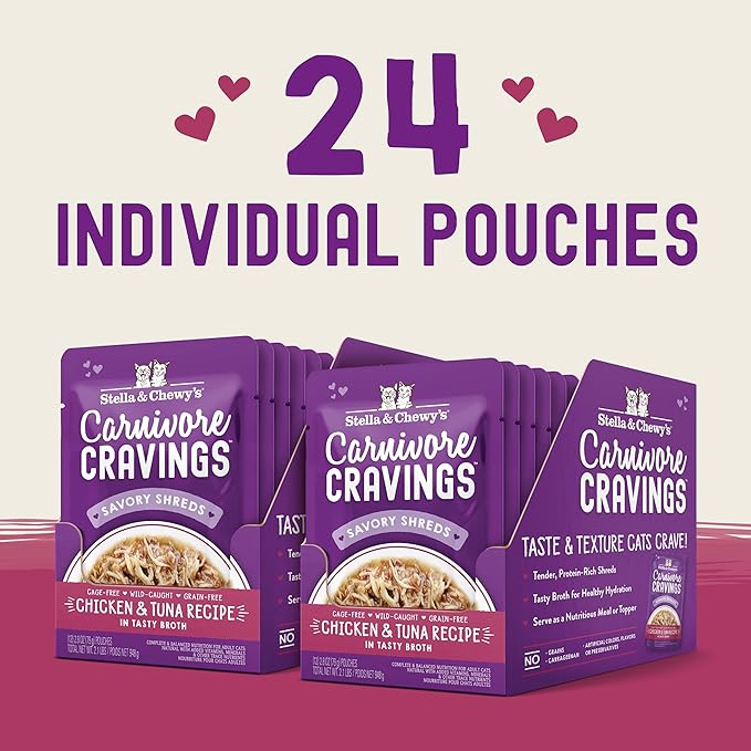Stella & Chewy's Carnivore Cravings Wet Cat Food - Premium Pouches - Grain Free, High Protein Chicken & Tuna - Perfect For Picky Eaters - Complete Meal or Topper (2.8 oz, 24 Pack)