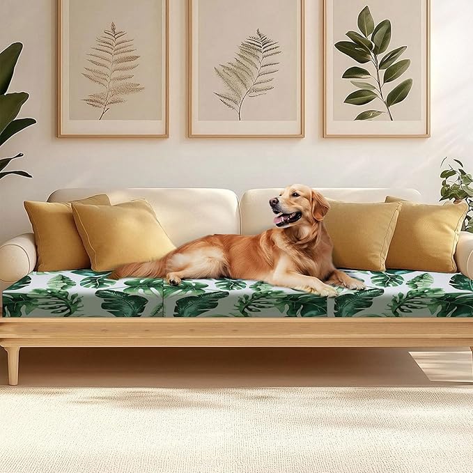 HANDONTIME 8Pcs Outdoor Patio Cushion Covers Green Leaves Stretch Couch Cushion Cover Patio Couch Slipcover for Outdoor/Indoor Washable Non-Slip Furniture Protector for Pet (Tropical Leaf,Cover Only)