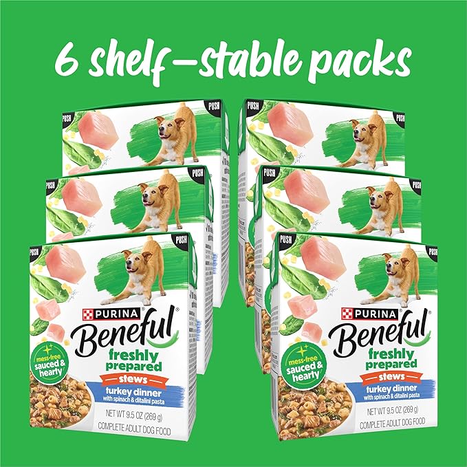 Purina Beneful Freshly Prepared Stews Turkey Dinner with Spinach and Ditalini Pasta Wet Dog Food in Dog Food Gravy - 9.5 oz Carton (Pack of 6)