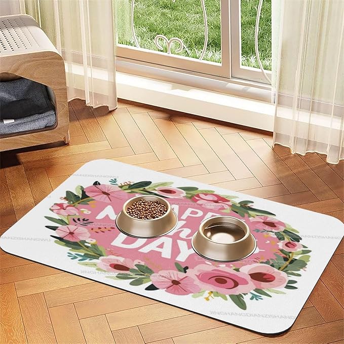 Dog Food Mat Dog Mat for Food and Water 24x16In Happy Mother's Day Floral Gift Mom R No Stains Cat Pet Feeding Mats Water Bowl for Messy Drinkers
