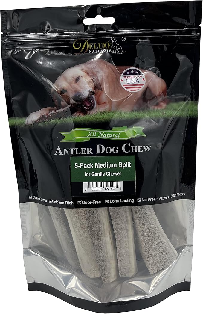 5-Pack Medium Split Elk Antler Dog Chews (5.5 to 7+ in) – All Natural, Premium Grade A, Odor-Free, USA-Sourced – Long-Lasting Dental Treats for Small Dogs Under 35 lbs