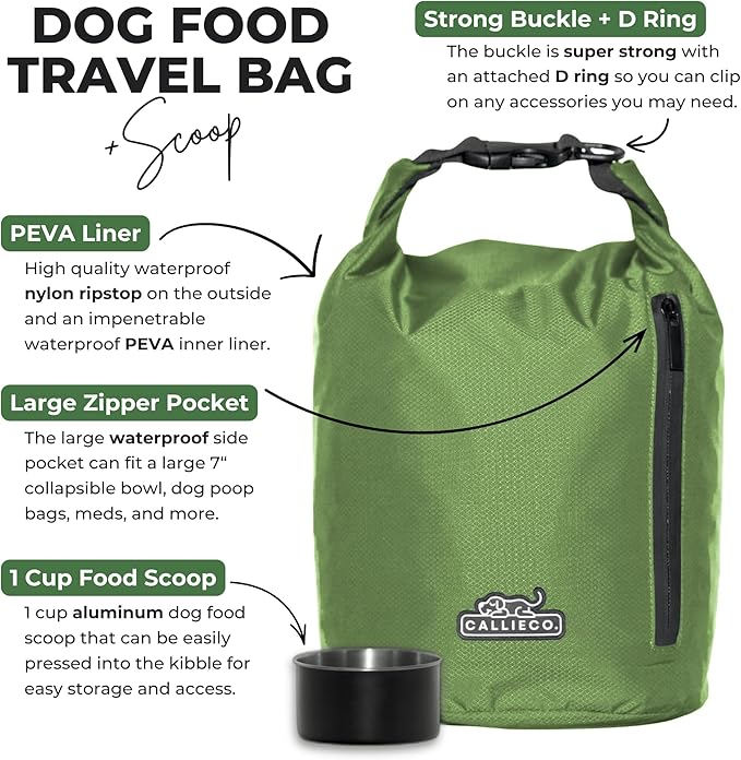 Callieco Dog Food Travel Bag w/ 1 Cup Scoop and Zipper Side Pocket | Waterproof Kibble Storage Container for Home, Road Trips, Camping, Boarding and More (Green, 32 Cups)