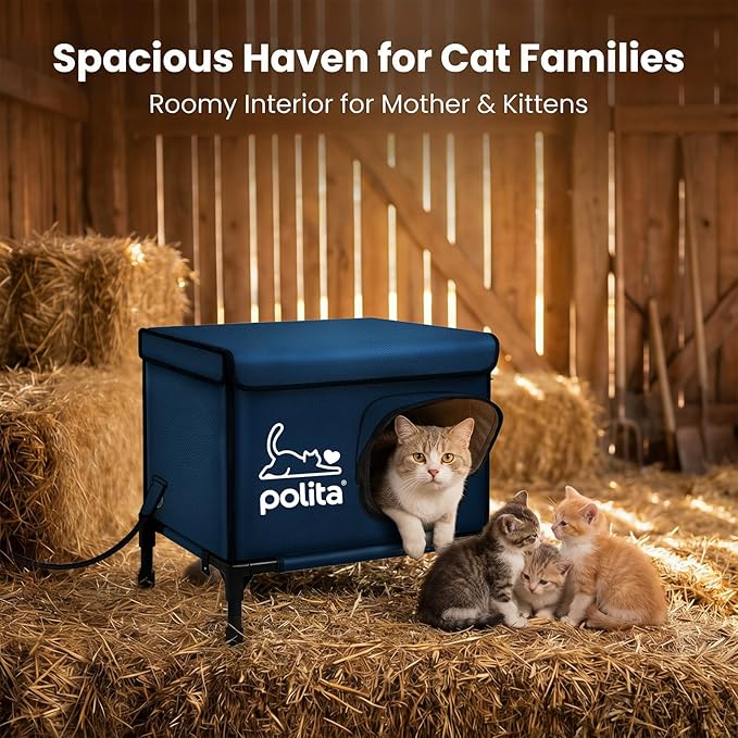 Polita Indestructible Heated Cat House for Outdoor Cats All Seasons, Extremely Insulated & 100% Weatherproof, Elevated Feral Cat Shelter with Waterproof Eaves &Safe Escape Door for Stray & Barn Cats