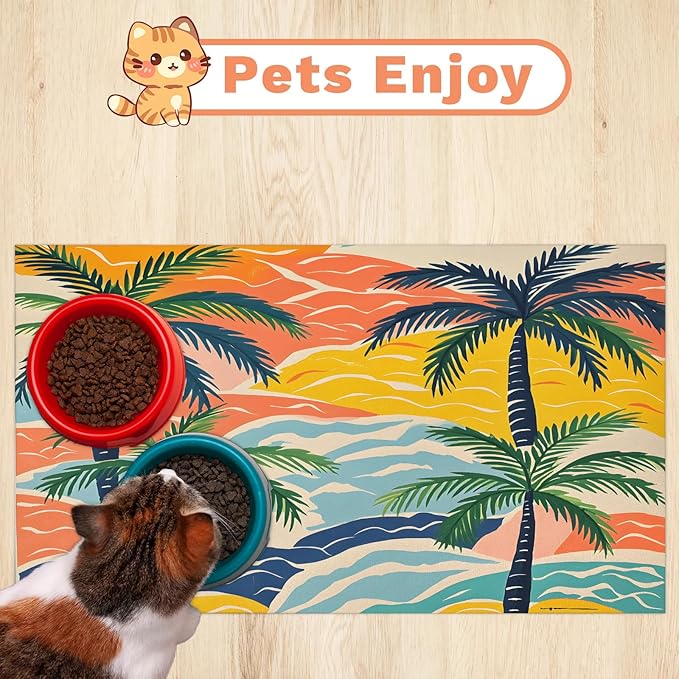 Palm Tree Dog Food Mat for Floors Absorbent, Quick Dry Water Dispenser Mat for Food, Water, Pet Supplies 16" x 24", Ocean