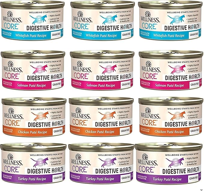 Wellness Core Digestive Grain Free Canned Cat Wet Food Pate - 12 Pack Cans Variety Bundle Pack 4 Flavor - (Chicken, Salmon Whitefish & Turkey) with Hotspot Pets Pet Food Bowl - (3 Oz)