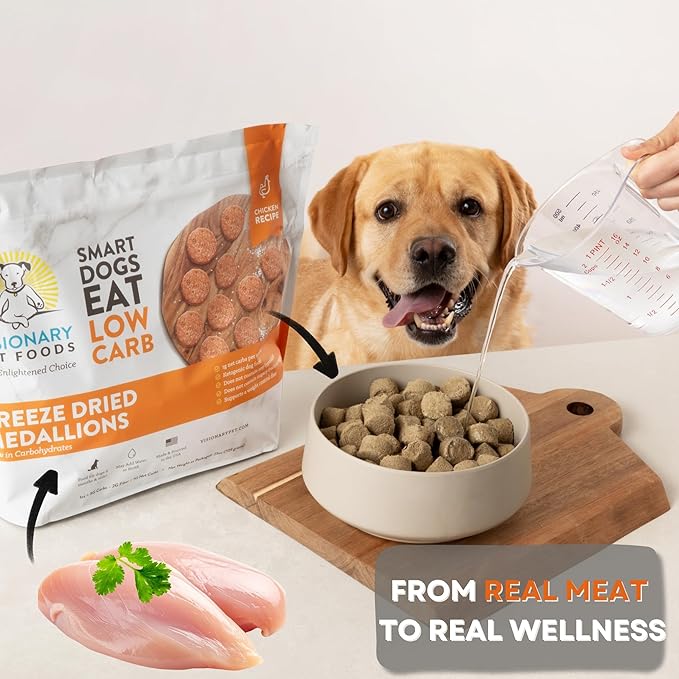 Visionary Pet Foods Low Carb Keto Dry Dog Food – Freeze Dried Raw Real Chicken, <1g Net Carbs Per Cup, Grain Free, Diabetic Friendly, High Protein Natural Dog Food, Made in USA, 25 oz