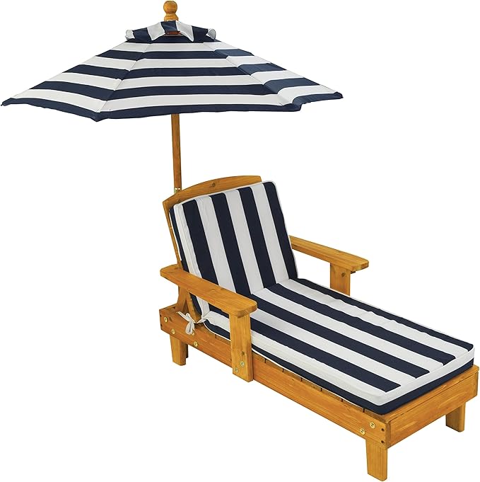 KidKraft Outdoor Wooden Chaise Lounge, Backyard Furniture Chair with Umbrella and Cushion, for Kids or Pets, Navy and White Striped Fabric