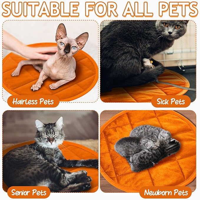 2 Pcs Self Warming Cat Mat Round Self Heating Pad Bed Reversible Machine Washable Heated Bed Anti Slip Warming Pad Pet Mat for Cat Crate Indoor Outdoor(Orange,16 Inch)
