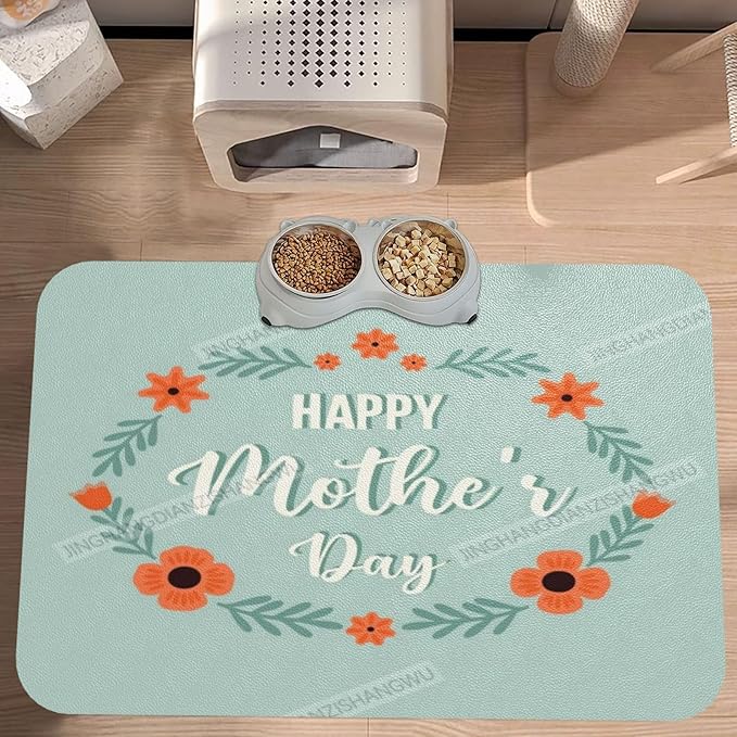 Dog Food Mats for Floors Happy Mother's Day Floral Gift Mom Bw Absorbent Pet Cat Food Mat Quick Dry Dog Bowl Mats for Water Pet Supplies 18X12In