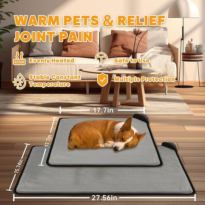 Pet Heating Pad for Cats & Dogs,Safe Electric Cat Warming Pad with Chew Resistant Cord,Automatic Induction Heated Cat Bed,Adjustable Temperature & Time (Camel, 17.7" x 17.7")