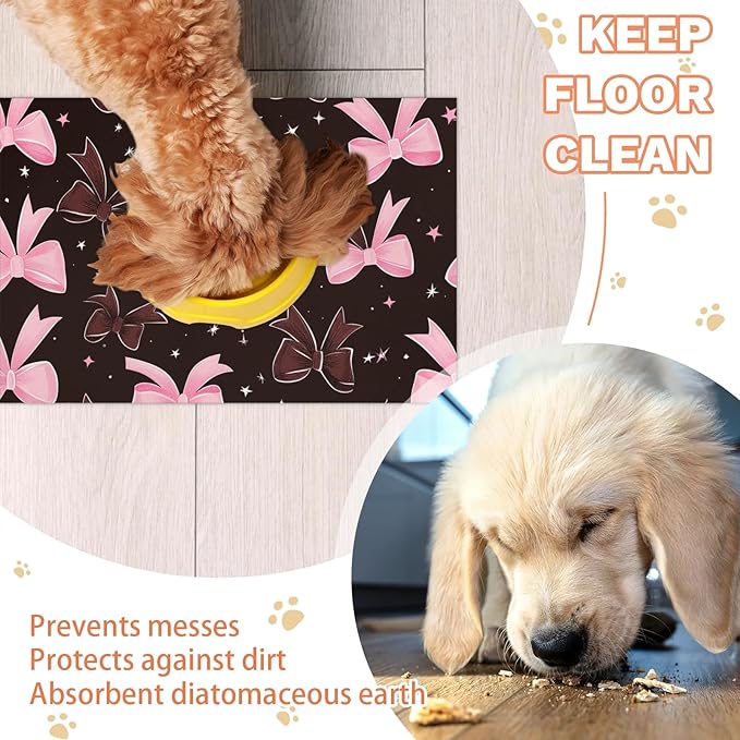 Black Pink Bow Dog Food Mat for Floors Absorbent, Quick Dry Water Dispenser Mat for Food, Water, Pet Supplies 12" x 20", Bownot