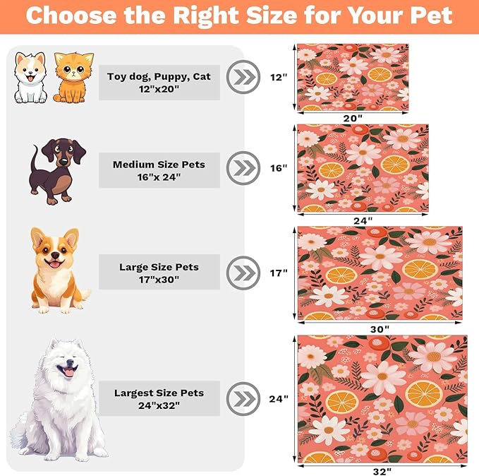Orange Fruit Dog Food Mat for Floors Absorbent Dog Bowl Mat for Food and Water Dispenser Quick Dry Cat Food Placemat Pet Supplies 24" x 32", Flower