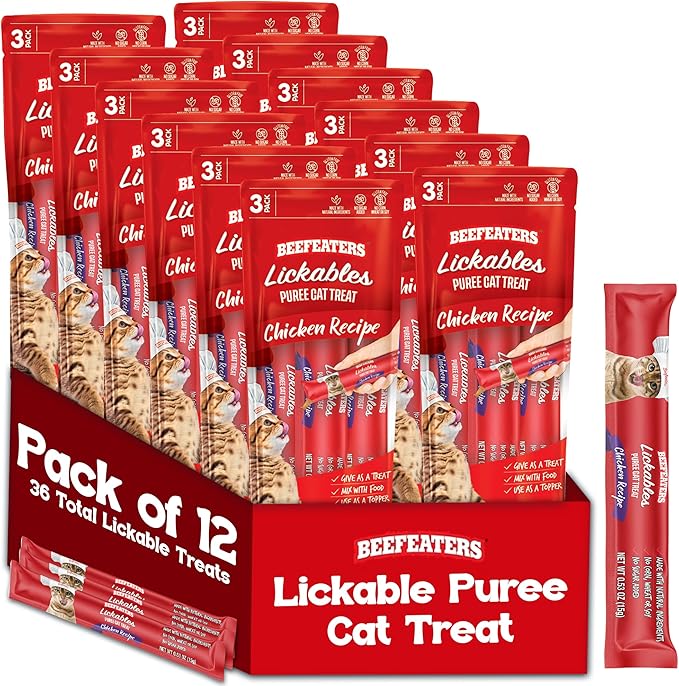 Beefeaters Chicken Pure Cat Treats 1.59oz (12 Pack) | Lickable Squeeze Tube Treats, Grain-Free, No Added Sugar, Real Chicken, Taurine-Enriched, Ideal for Bonding, Seniors, Toppers & Everyday Treating