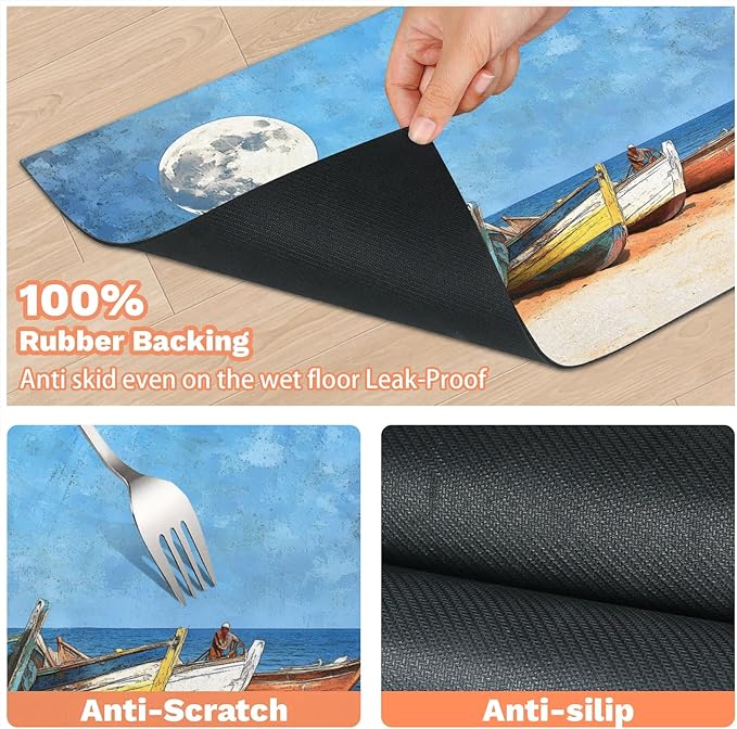 Seasides Sailboat Dog Food Mat for Floors Absorbent, Quick Dry Water Dispenser Mat for Food, Water, Pet Supplies 17" x 30", Nautical Coastal