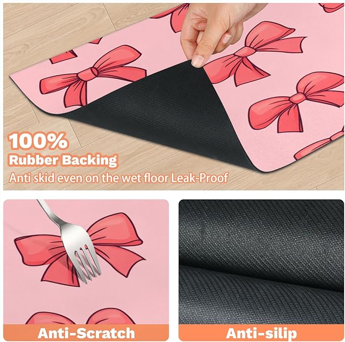Red Bow Dog Food Mat for Floors Absorbent, Quick Dry Water Dispenser Mat for Food, Water, Pet Supplies 16" x 24", Cute Bowknot